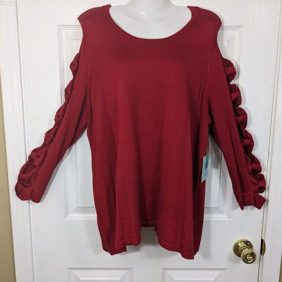 CeCe Really Red 3/4 Sleeve Cut-Out Bows Crewneck Sweater - size 2X NWT - Picture 2 of 10
